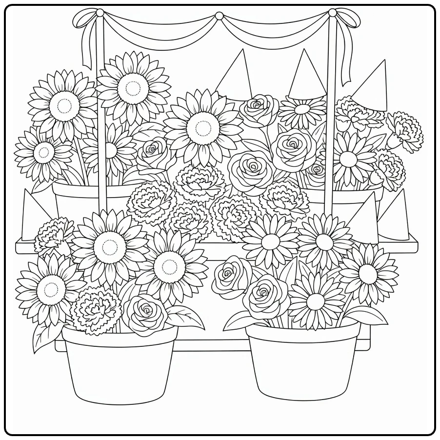 bloemen verjaardag kleurplaat met bloemenkar en zonnebloemen
