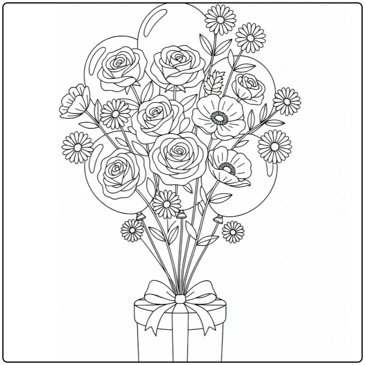 bloemen verjaardag kleurplaat met bloemenballonnen en cadeau