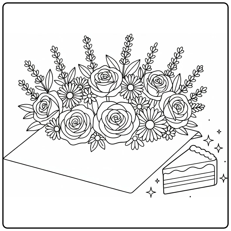 bloemen verjaardag kleurplaat met bloemenkroon en taart