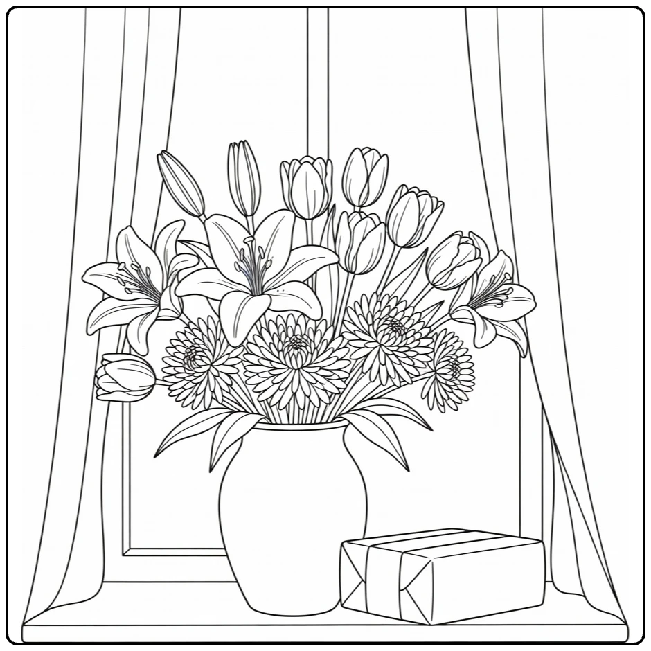 bloemen verjaardag kleurplaat met vaas en cadeau