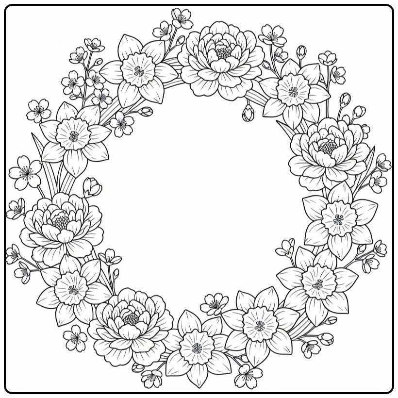 bloemenkrans kleurplaat met lentebloemen pioenrozen en narcissen