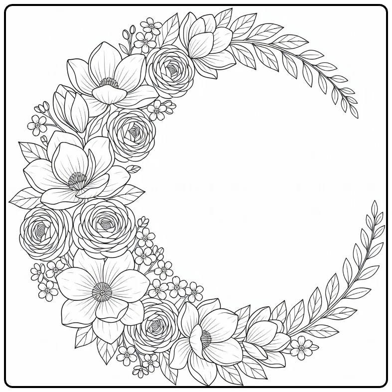 bloemenkrans kleurplaat met magnolia ranunculus vergeet-mij-niet