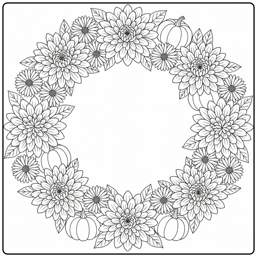 bloemenkrans kleurplaat met herfstbloemen en pompoenen