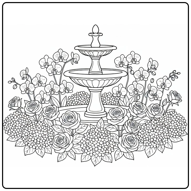 bloementuin kleurplaat fontein met orchideeën rozen hortensia