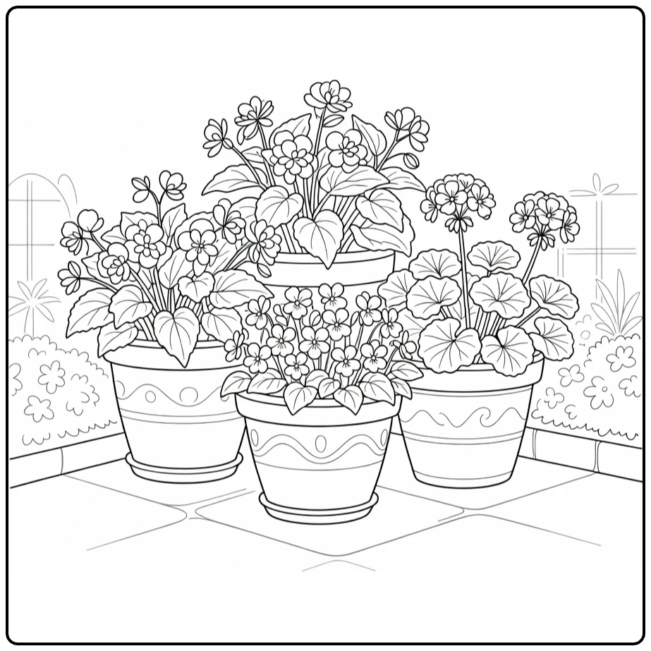 bloementuin kleurplaat met begonia's viooltjes geraniums