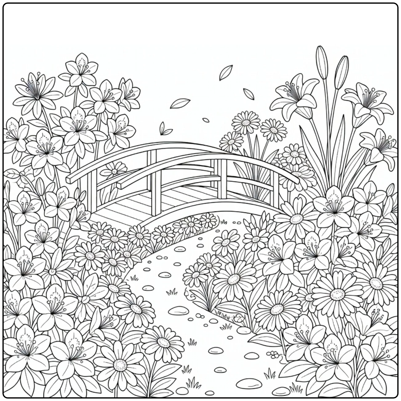 bloementuin kleurplaat met brug over bloemenpad