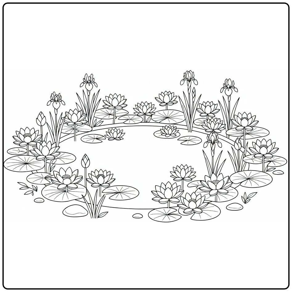 bloementuin kleurplaat met lotus waterlelies irissen en vijver