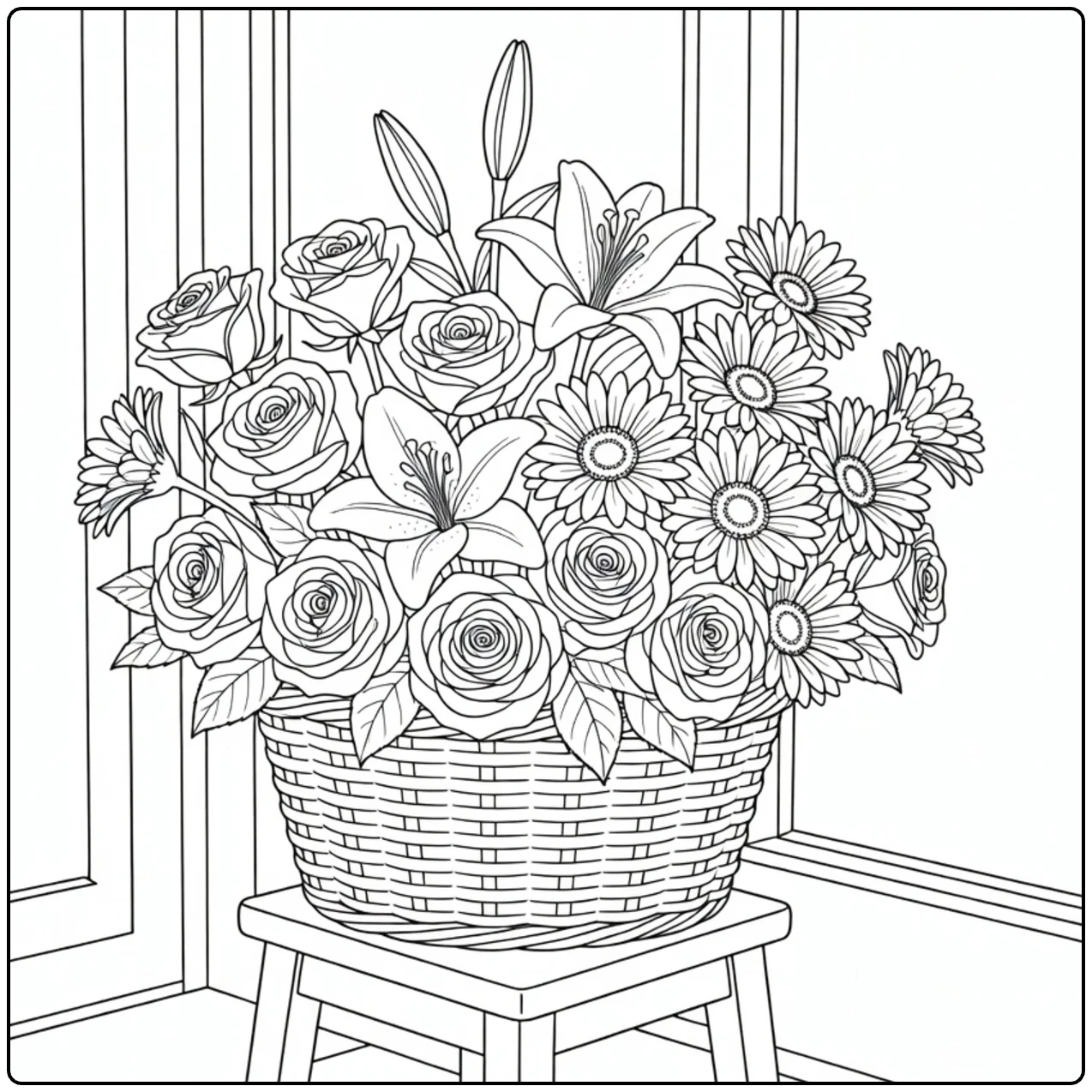 bloemenwinkel kleurplaat met bloemmand rozen lelies gerbera's