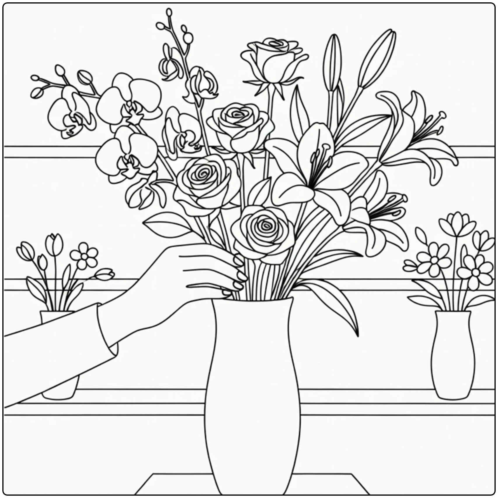 bloemenwinkel kleurplaat hand met rozen in vaas