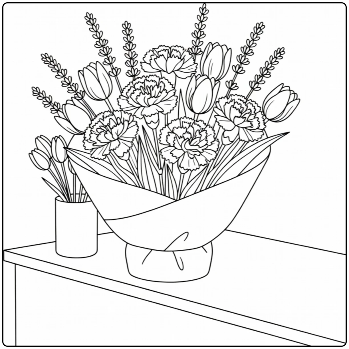 bloemenwinkel kleurplaat met boeket anjers tulpen en lavendel
