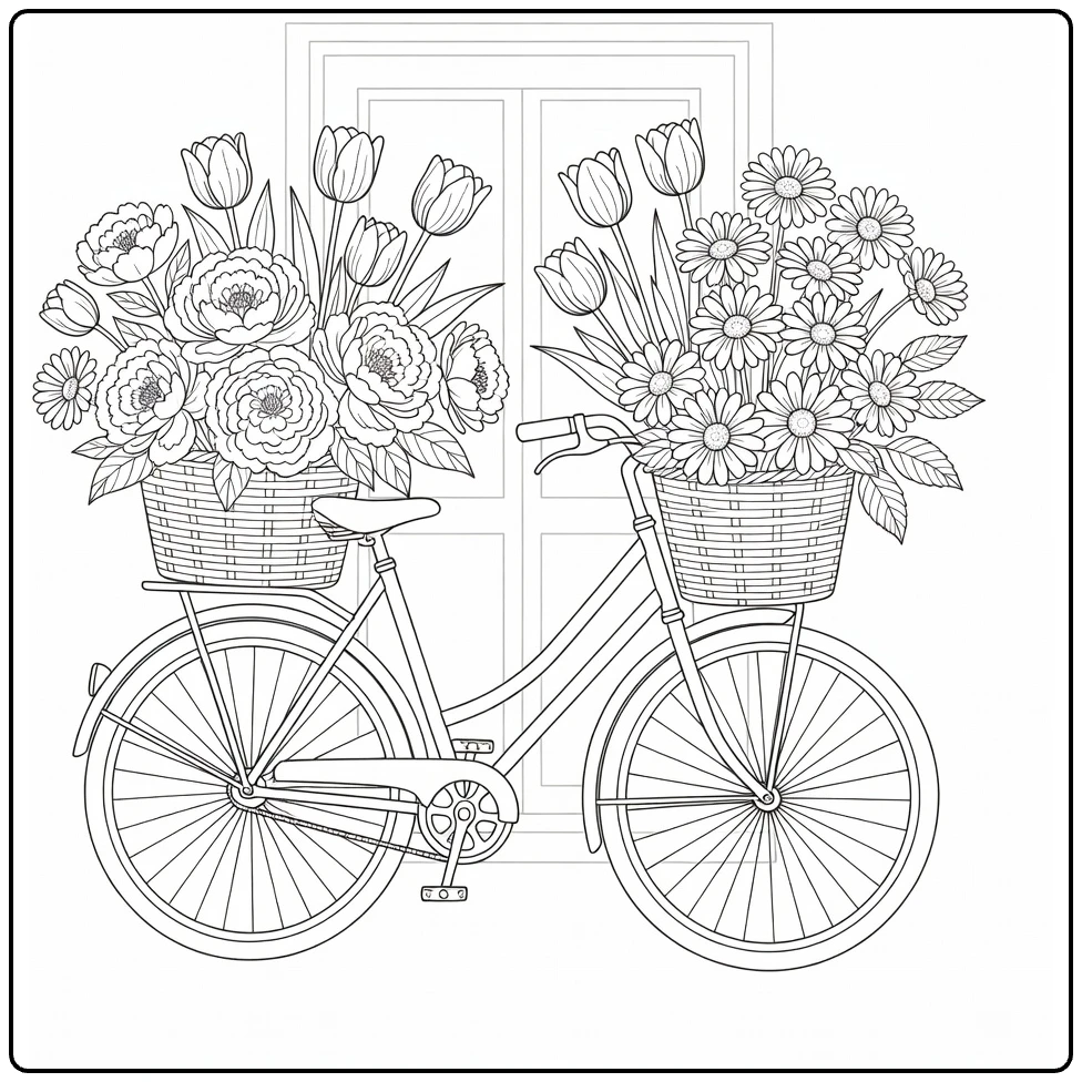 bloemenwinkel kleurplaat vintage fiets met bloemenmand