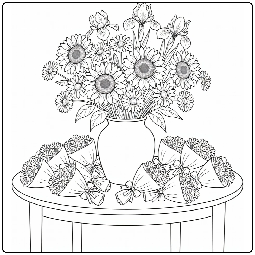bloemenwinkel kleurplaat met ronde tafel en bloemenvaas