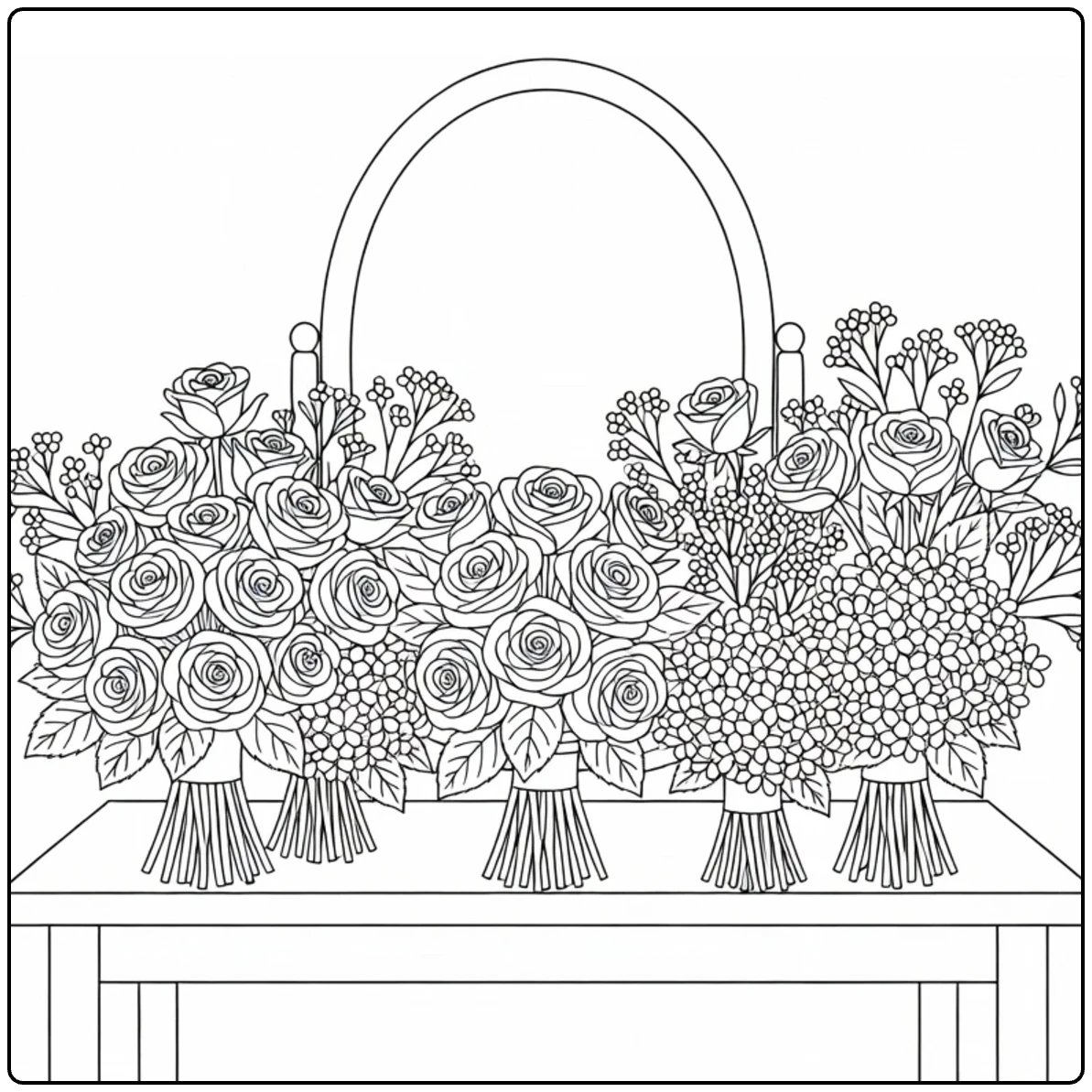 bloemenwinkel kleurplaat met bruidsboeketten van rozen