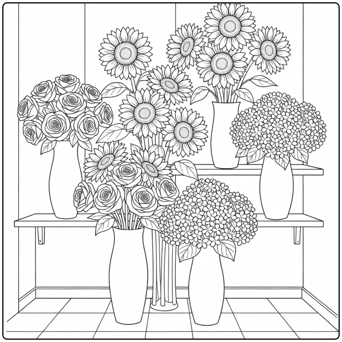 bloemenwinkel kleurplaat met zonnebloemen rozen en hortensia