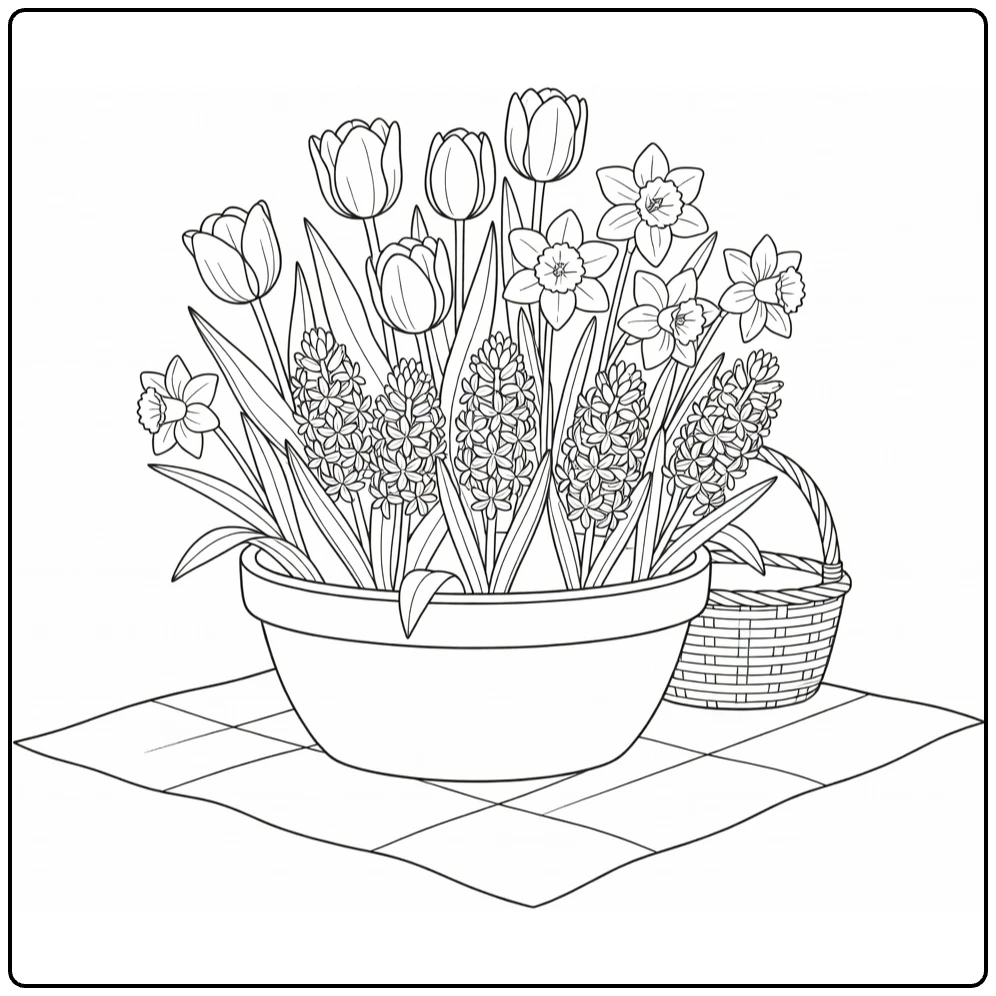 bloempot kleurplaat met tulpen narcissen hyacinten op deken