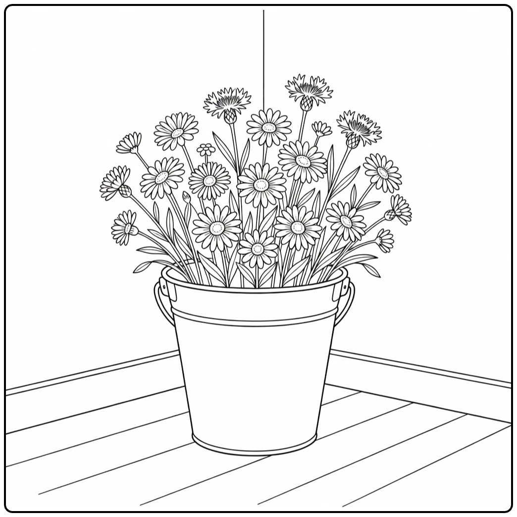bloempot kleurplaat met emmer vol wilde bloemen