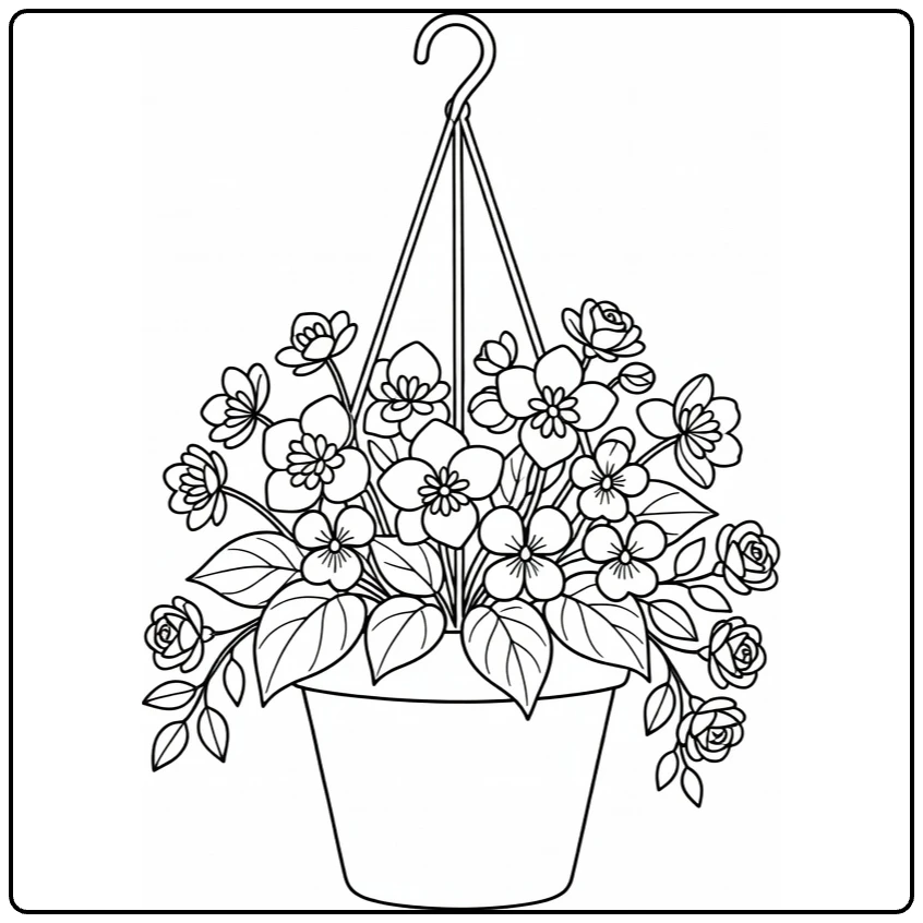 Bloempot kleurplaat met begonia's viooltjes en rozen
