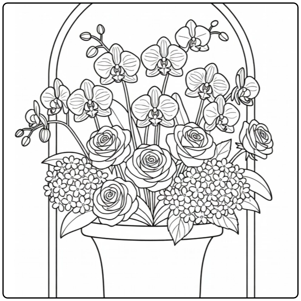 Bloempot kleurplaat urn met orchideeën rozen hortensia's