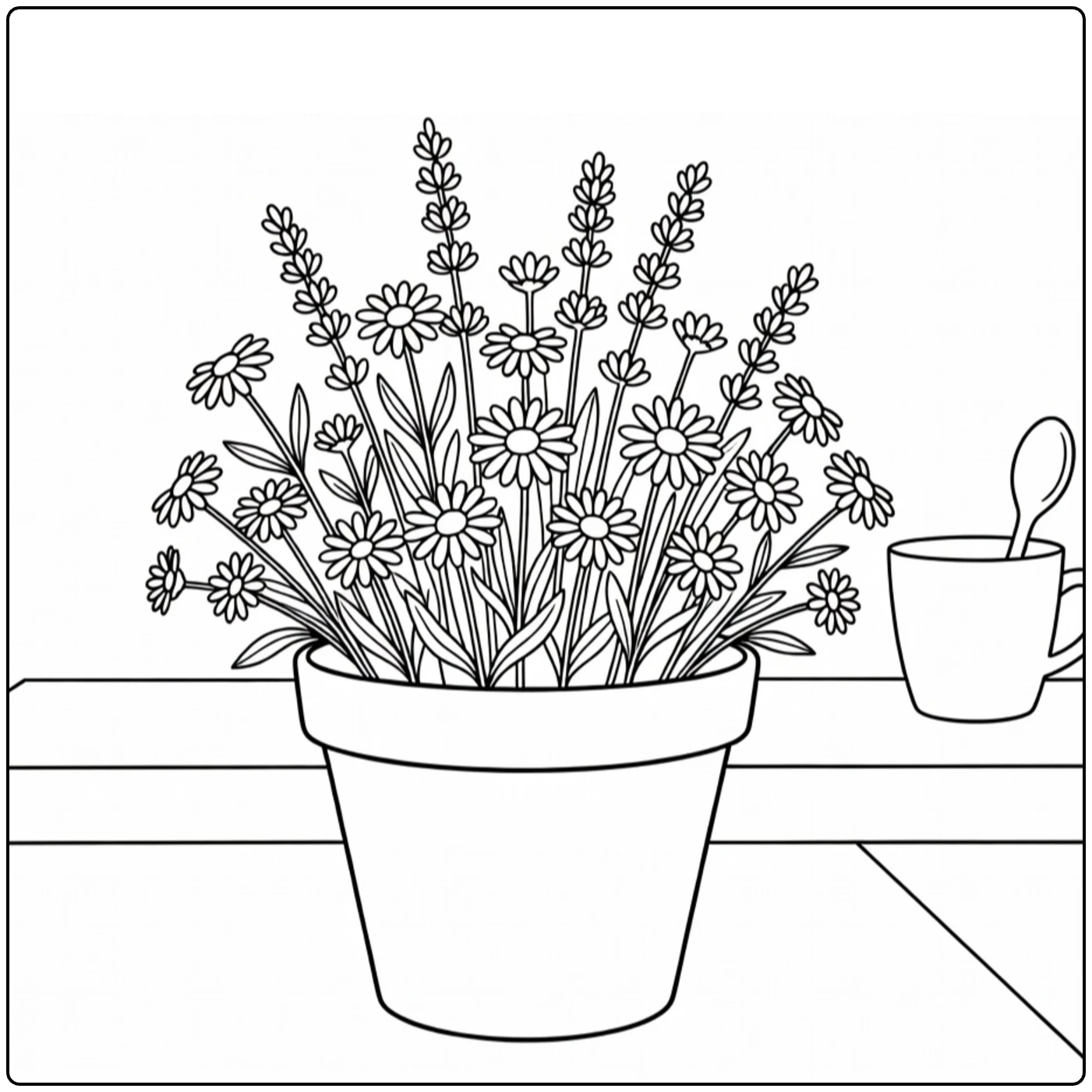 bloempot kleurplaat met kamille lavendel en madeliefjes