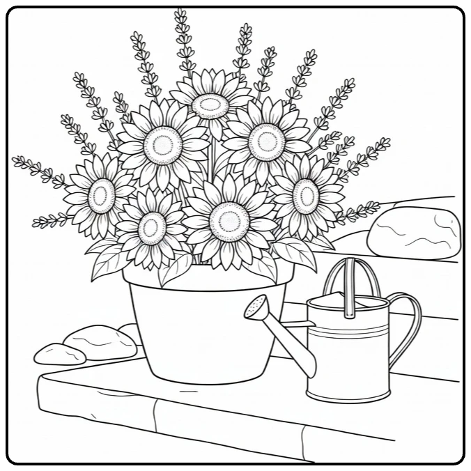 bloempot kleurplaat met zonnebloemen en lavendel op stap