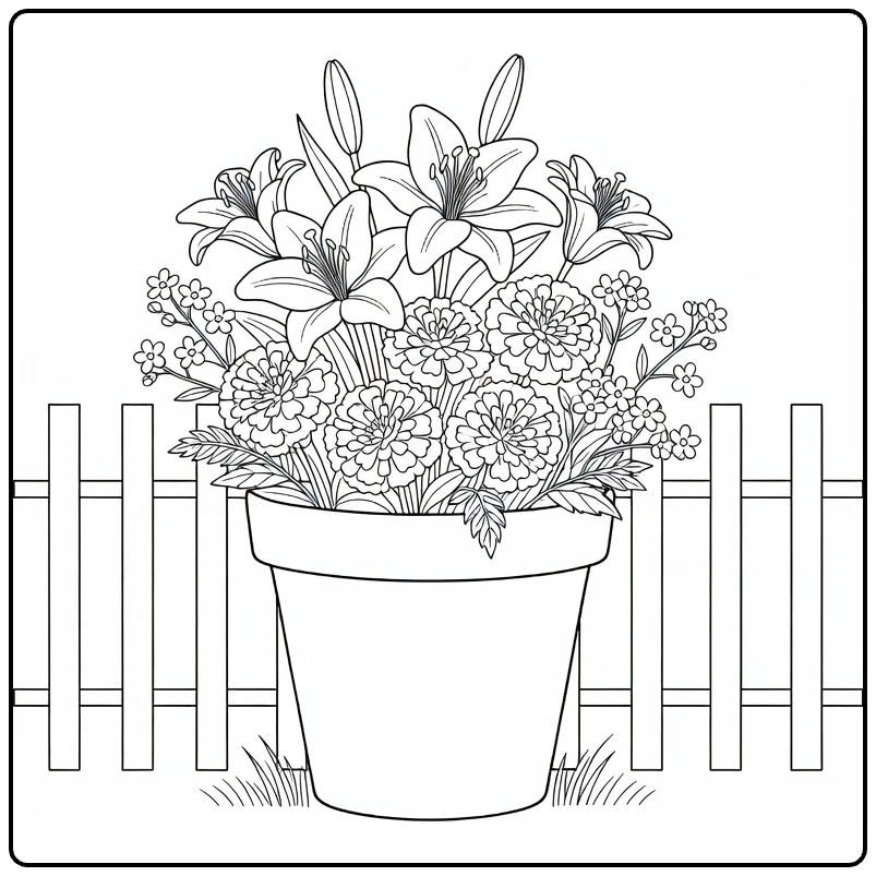 bloempot kleurplaat terracotta pot met lelies bij tuinhek