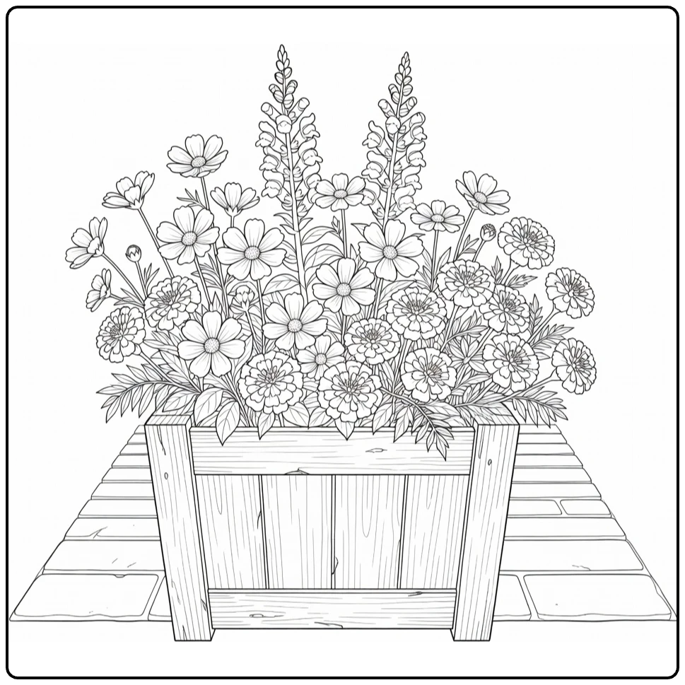 bloempot kleurplaat: verweerde houten bloempot met bloemen