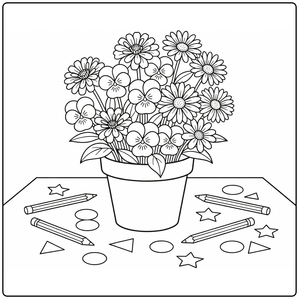 Bloempot kleurplaat met zinnia's viooltjes op tafel