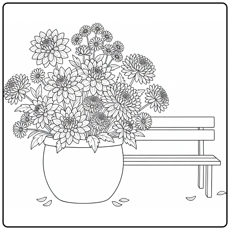 bloempot kleurplaat met dahlia's en asters bij tuinbank