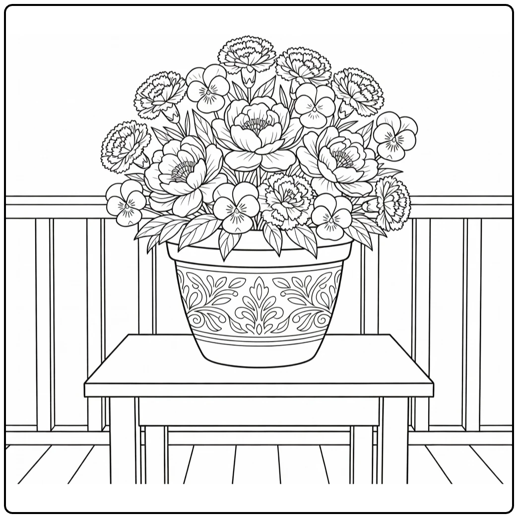 bloempot kleurplaat met bloemen op veranda tafel