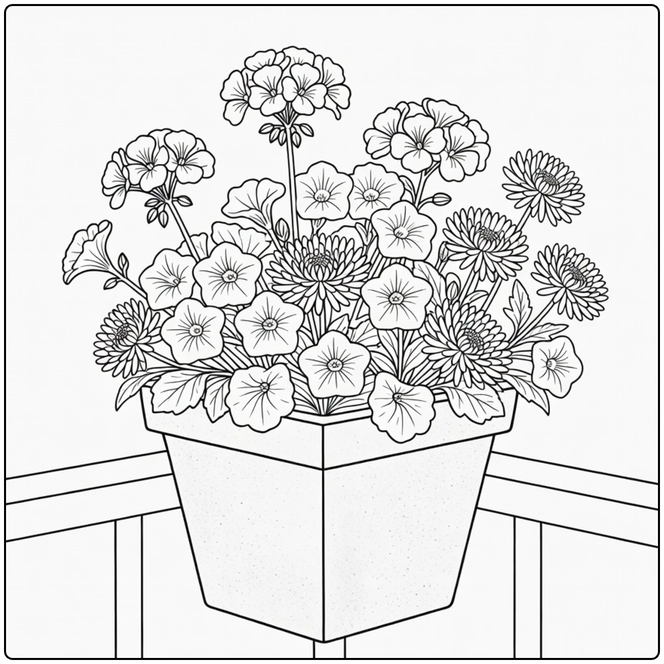 bloempot kleurplaat stenen pot met geraniums op balkon