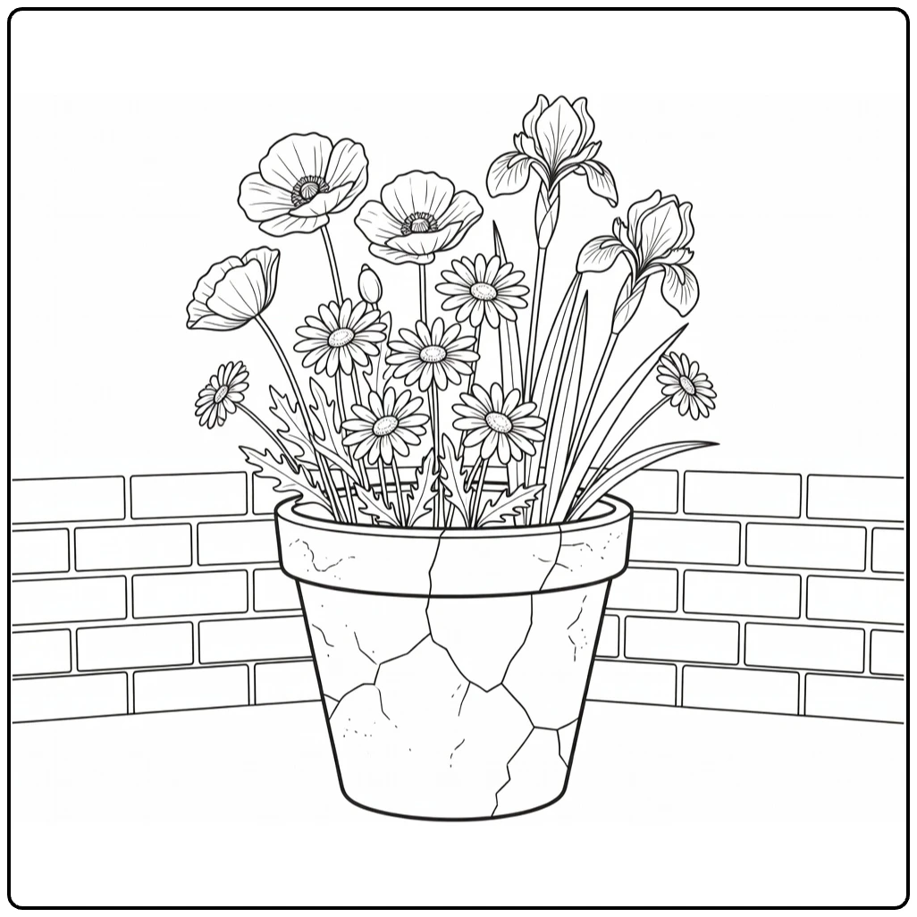 bloempot kleurplaat met gebarsten pot en bloemen in tuin
