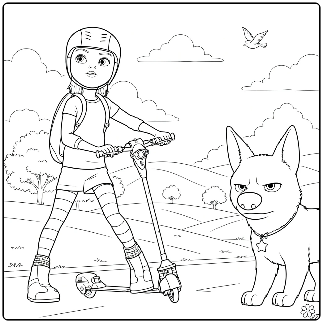 Avontuurlijke bolt kleurplaat met meisje en hond op step