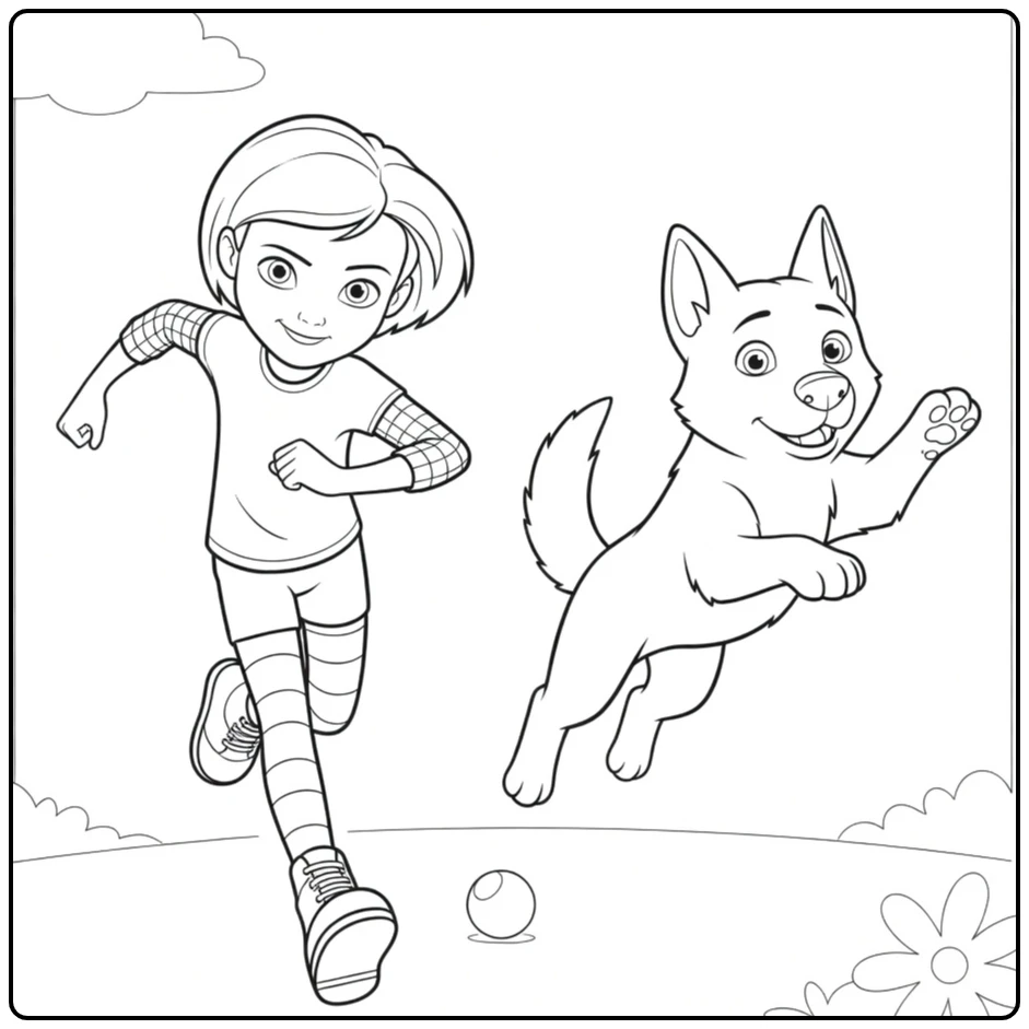 bolt kleurplaat rennend meisje met springende hond