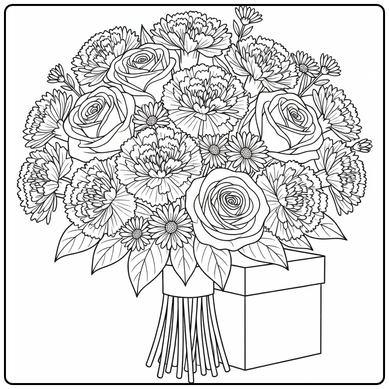 bos bloemen kleurplaat met anjers rozen en asters met doos
