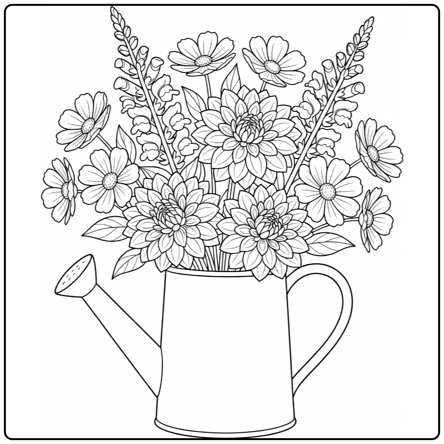 bos bloemen kleurplaat dahlia's cosmos in gieter