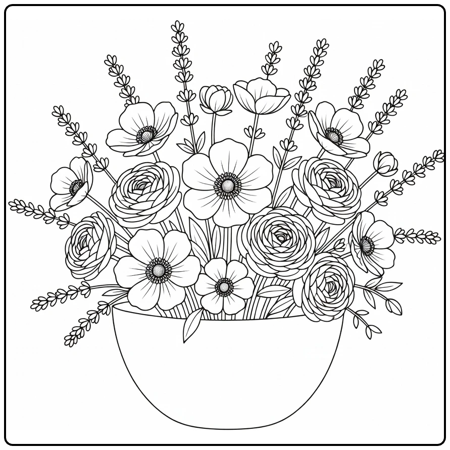 bos bloemen kleurplaat anemones ranunculus lavendel vaas