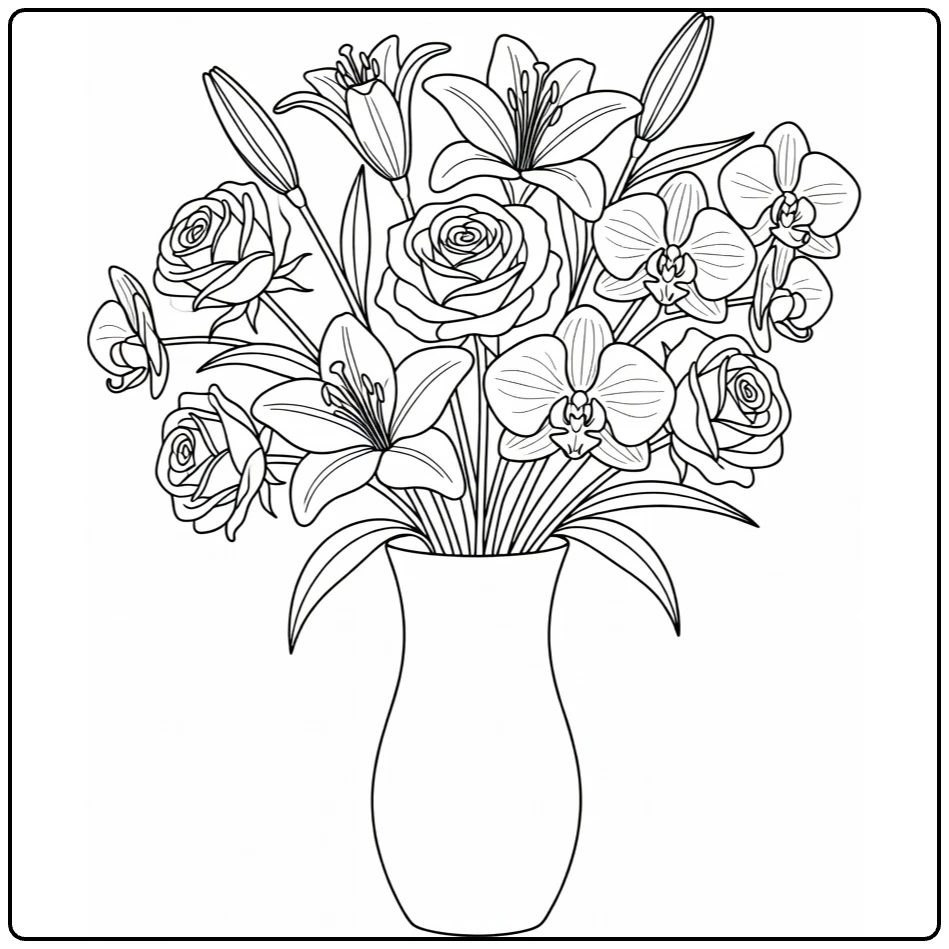 bos bloemen kleurplaat elegant boeket lelies rozen orchideeën