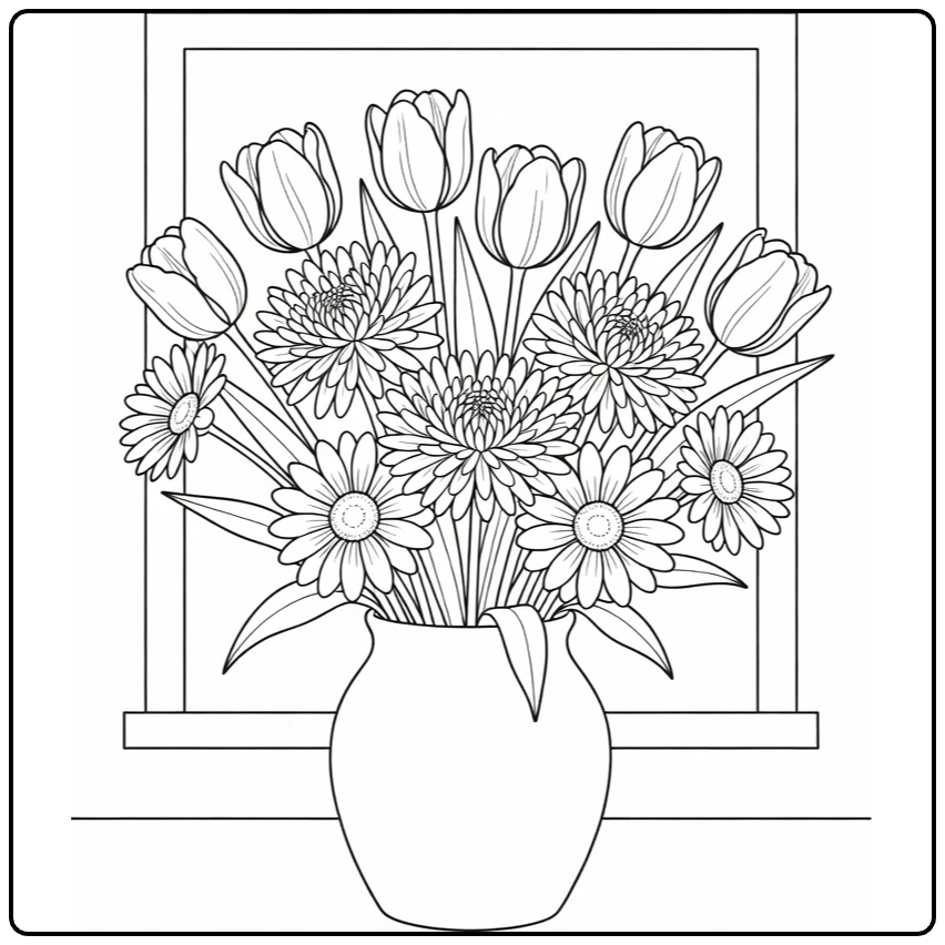 bos bloemen kleurplaat met boeket tulpen in ronde vaas