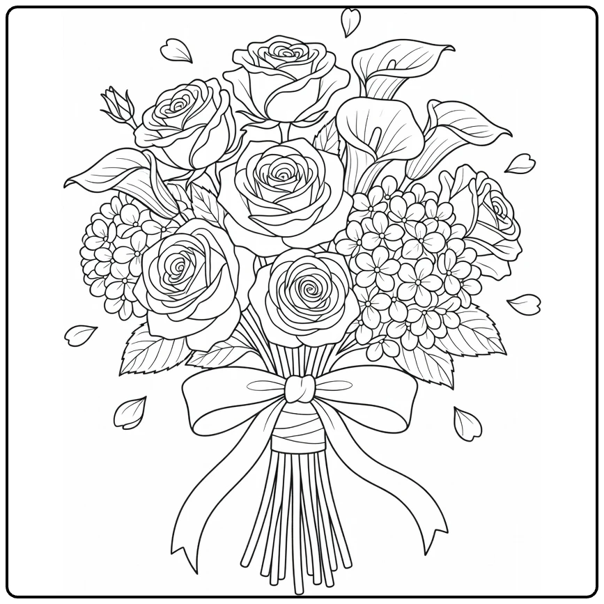 bos bloemen kleurplaat van een bruidsboeket met rozen en lelies