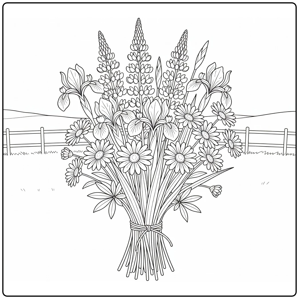 bos bloemen kleurplaat boeket irissen lupinen margrieten
