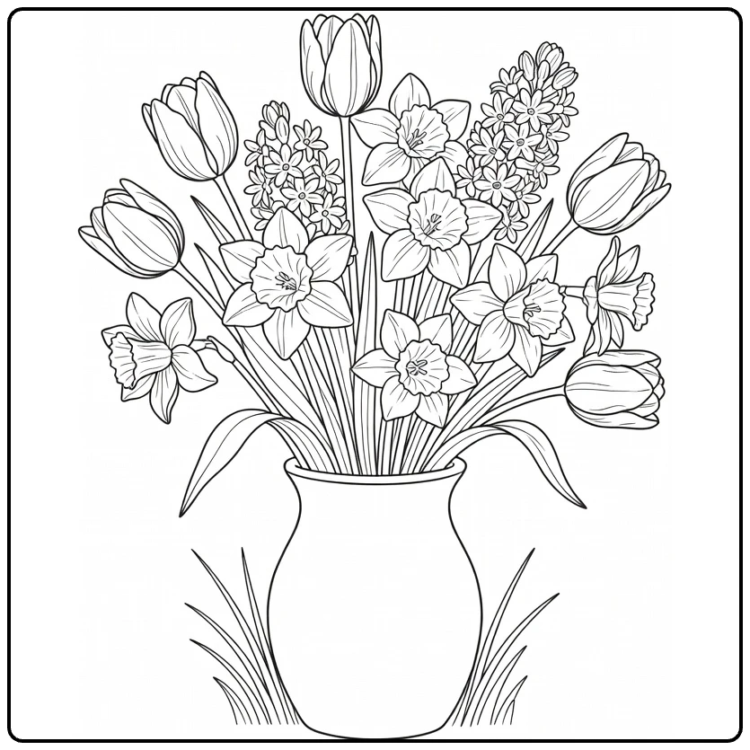 bos bloemen kleurplaat verse lenteboeket tulpen