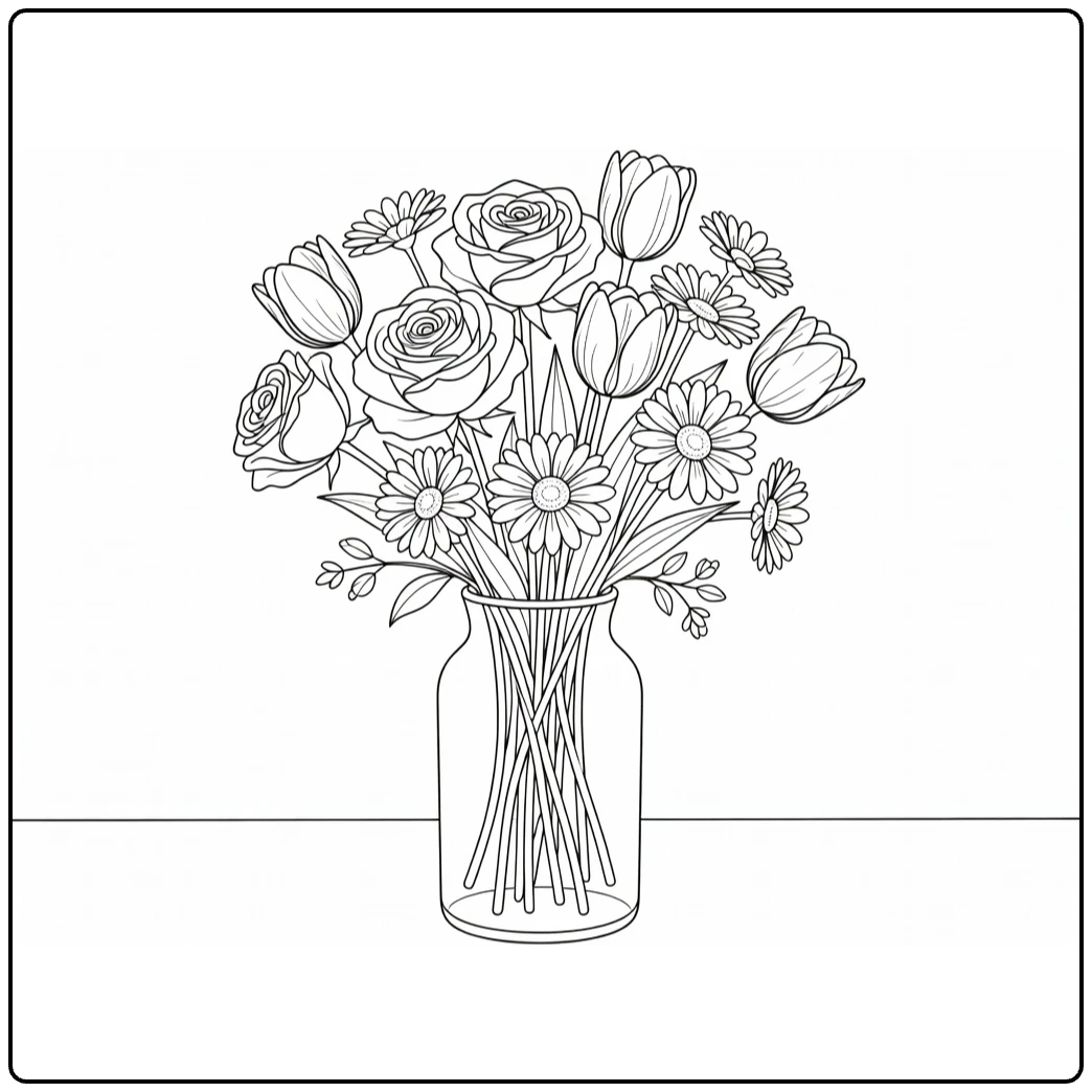 bos bloemen kleurplaat boeket rozen tulpen madeliefjes vaas