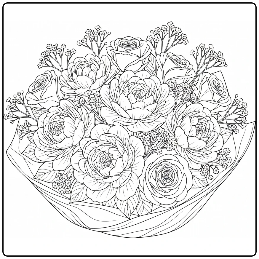 bos bloemen kleurplaat romantisch boeket pioenen rozen