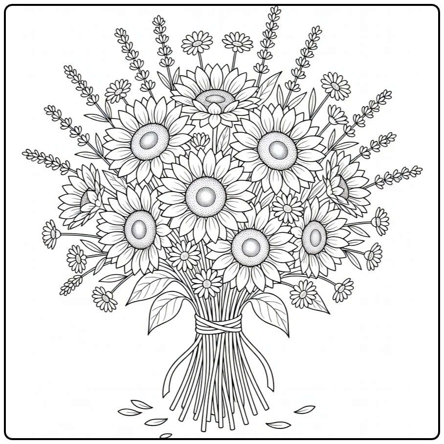 bos bloemen kleurplaat ronde bos zonnebloemen lavendel