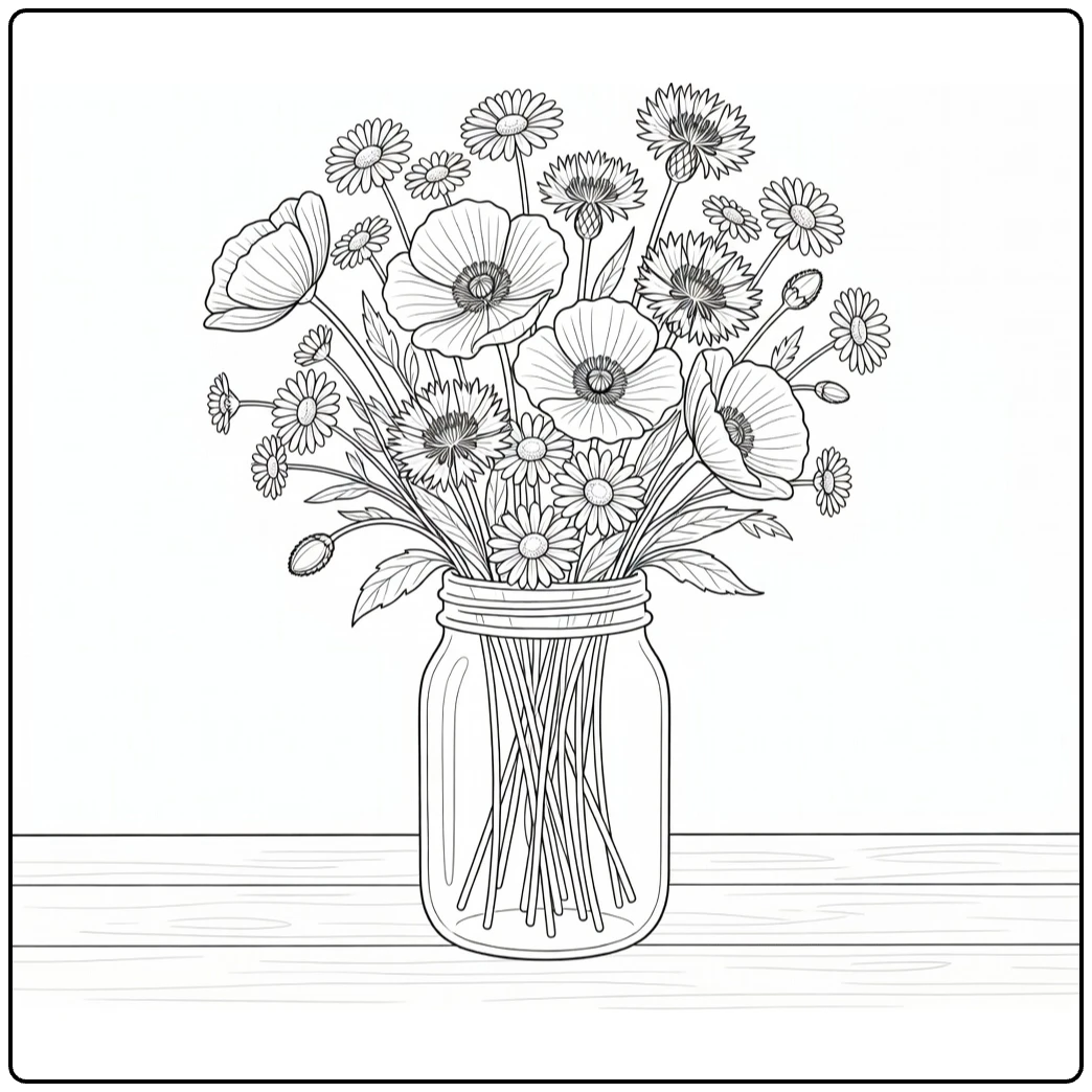 bos bloemen kleurplaat met boeket klaprozen in pot