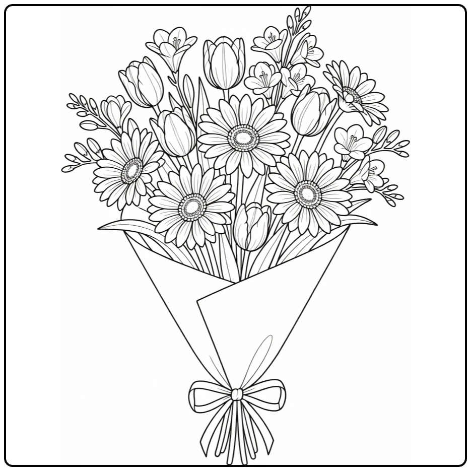 bos bloemen kleurplaat met gerbera's tulpen en freesias