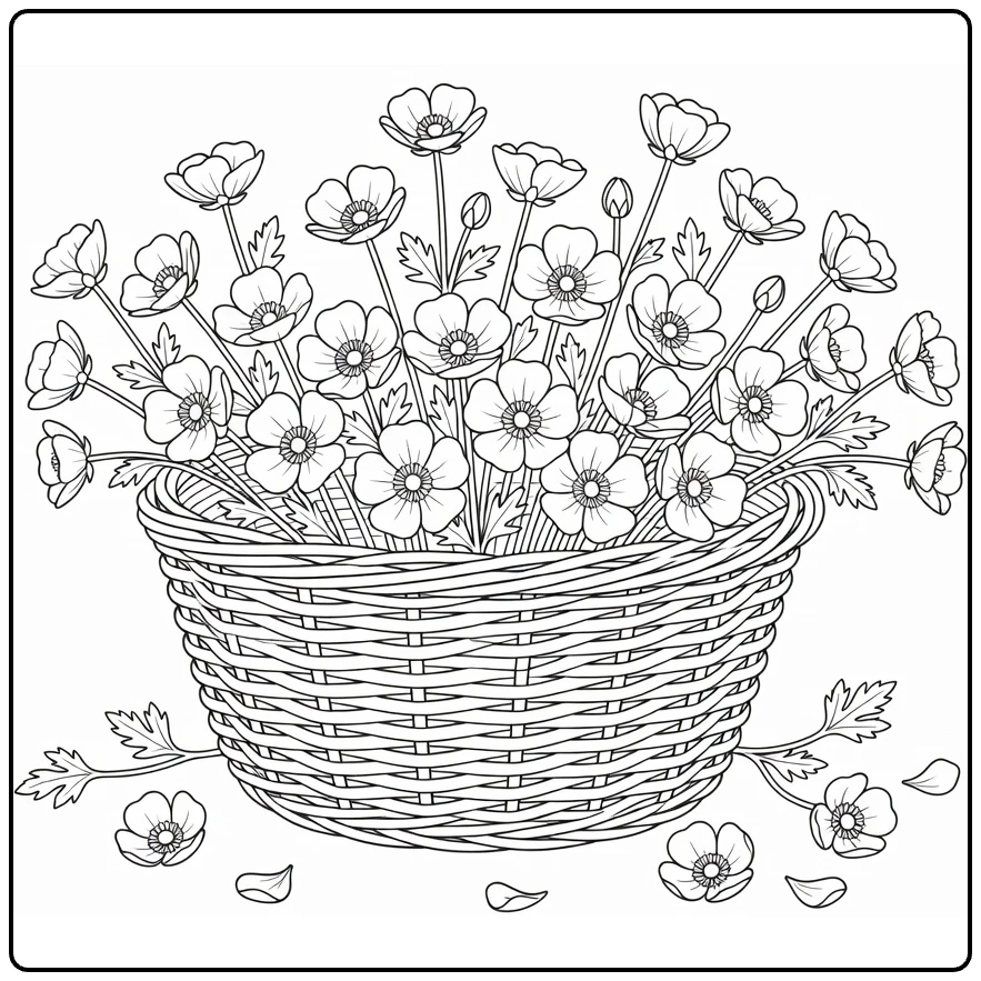 boterbloem kleurplaat mand vol bloemen om in te kleuren