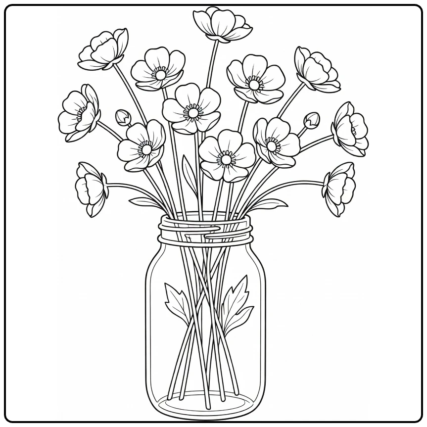 Boterbloem kleurplaat met bloemen in glazen pot