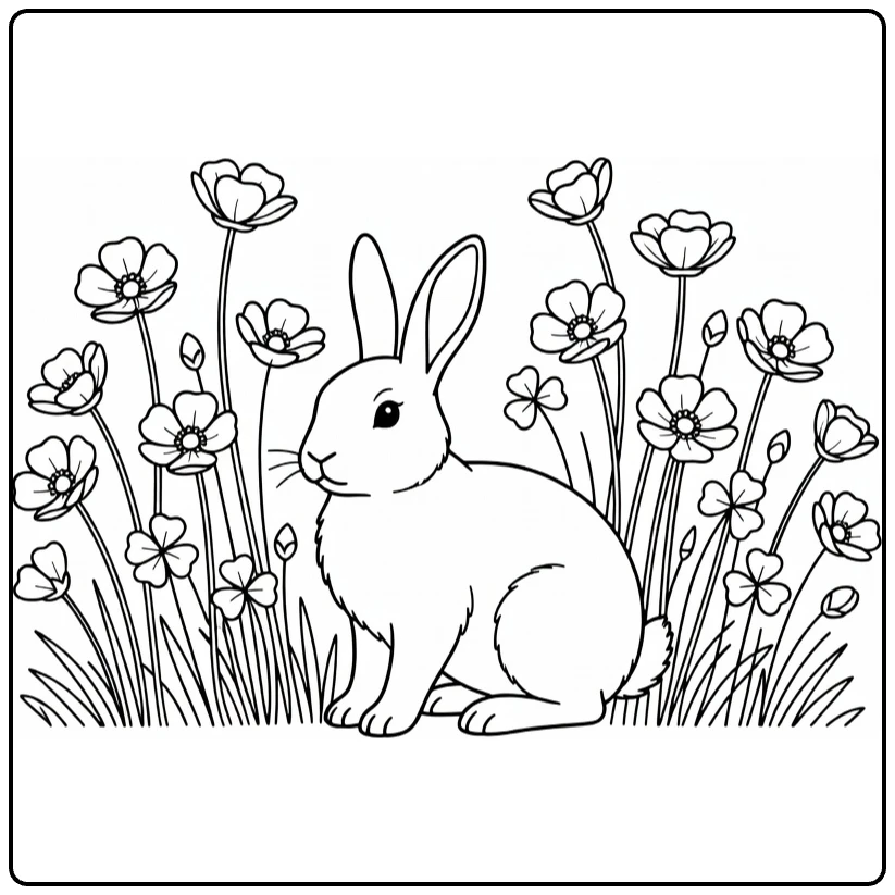 boterbloem kleurplaat met konijn tussen de bloemen