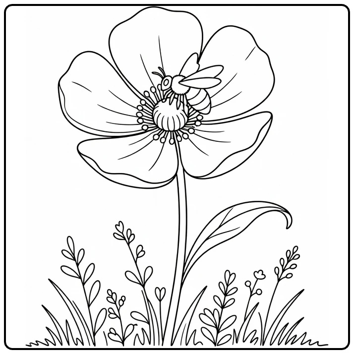 boterbloem kleurplaat met bij op bloem en planten